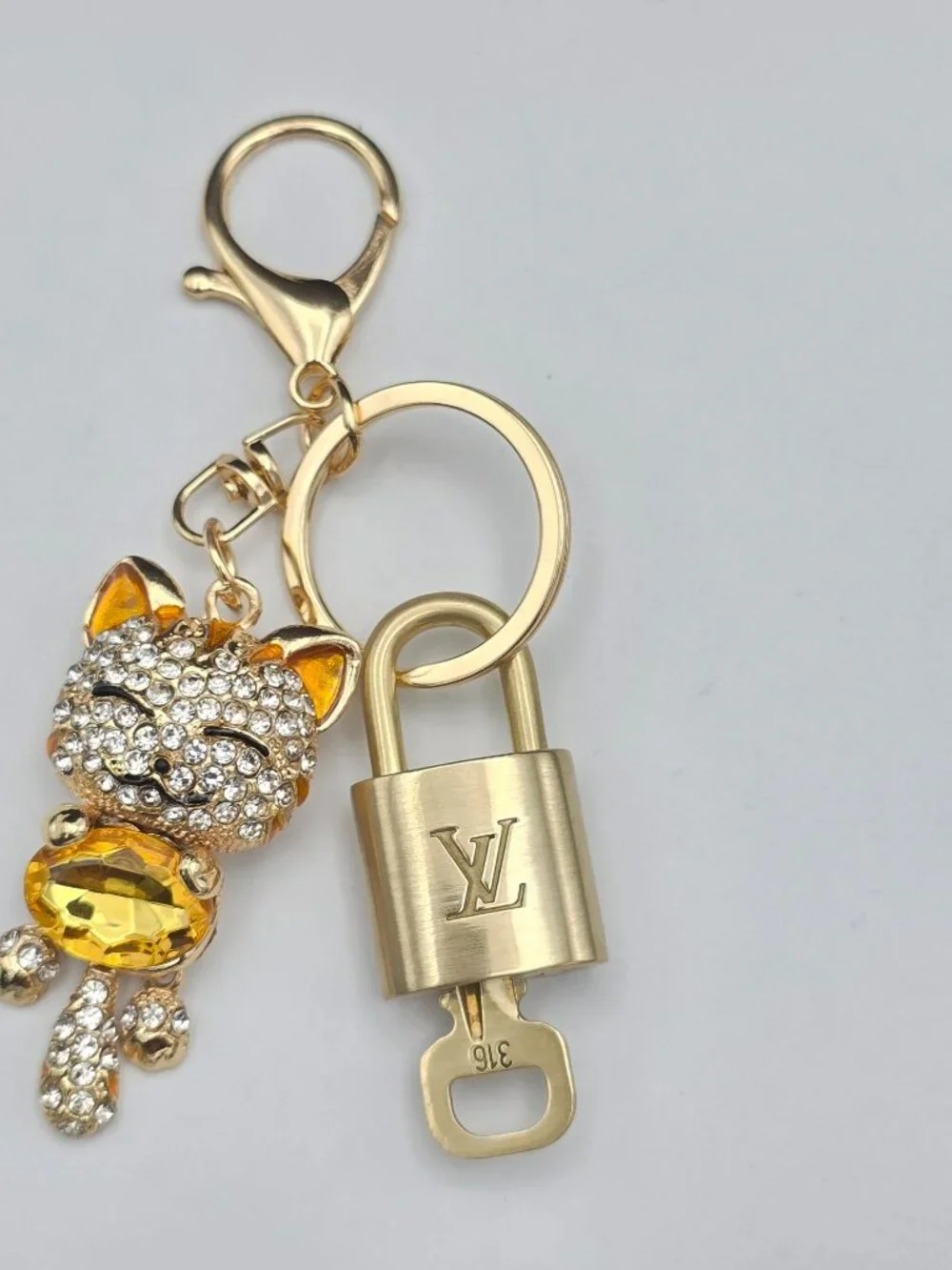 Authentic Louis Vuitton Lock & Key Gold ✨ Unbranded Cat Keychain Bag Charm LV